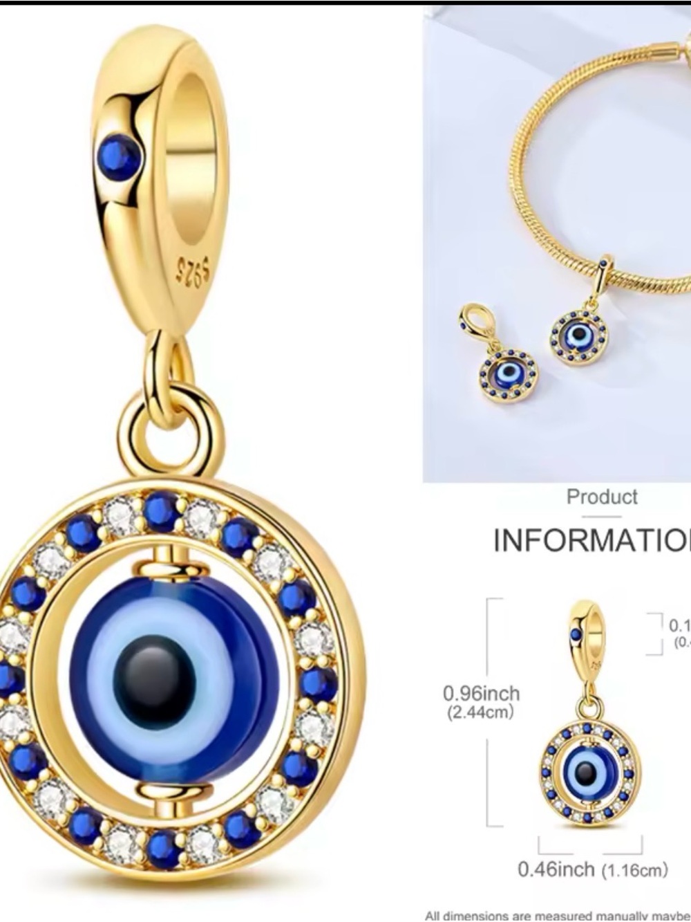 Gold plated S925 silver Blue Evil Eye Pendant Charm for Women
